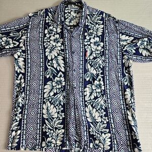 Vintage Samson Shirt Men Large Blue / Green  Floral Hawaiian Rayon Aloha Tiki